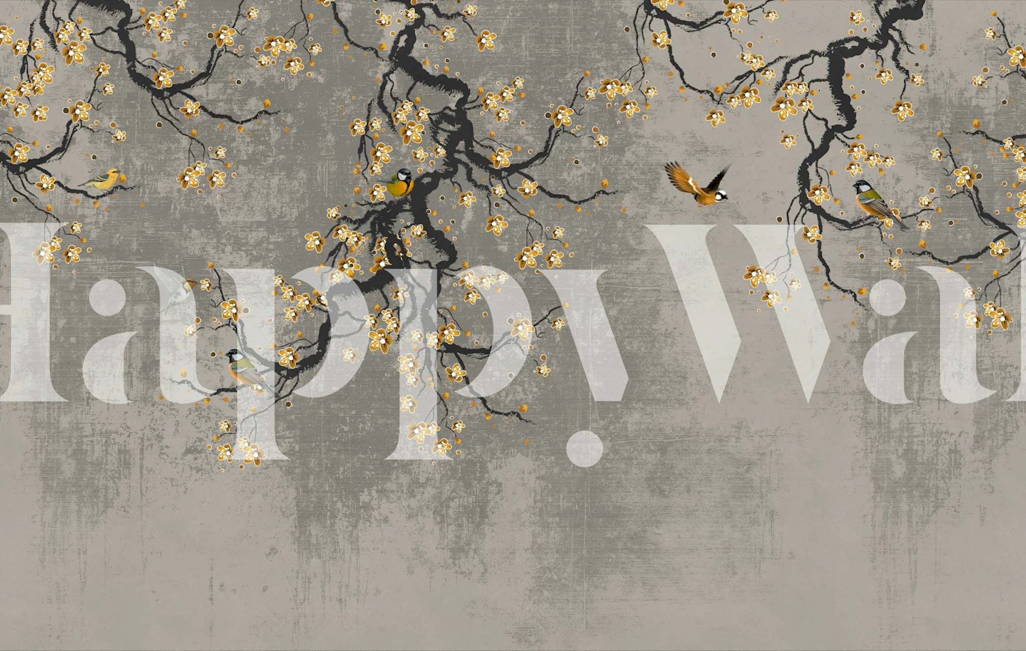 Golden Blossom Branches on Grey wallpaper in a room
