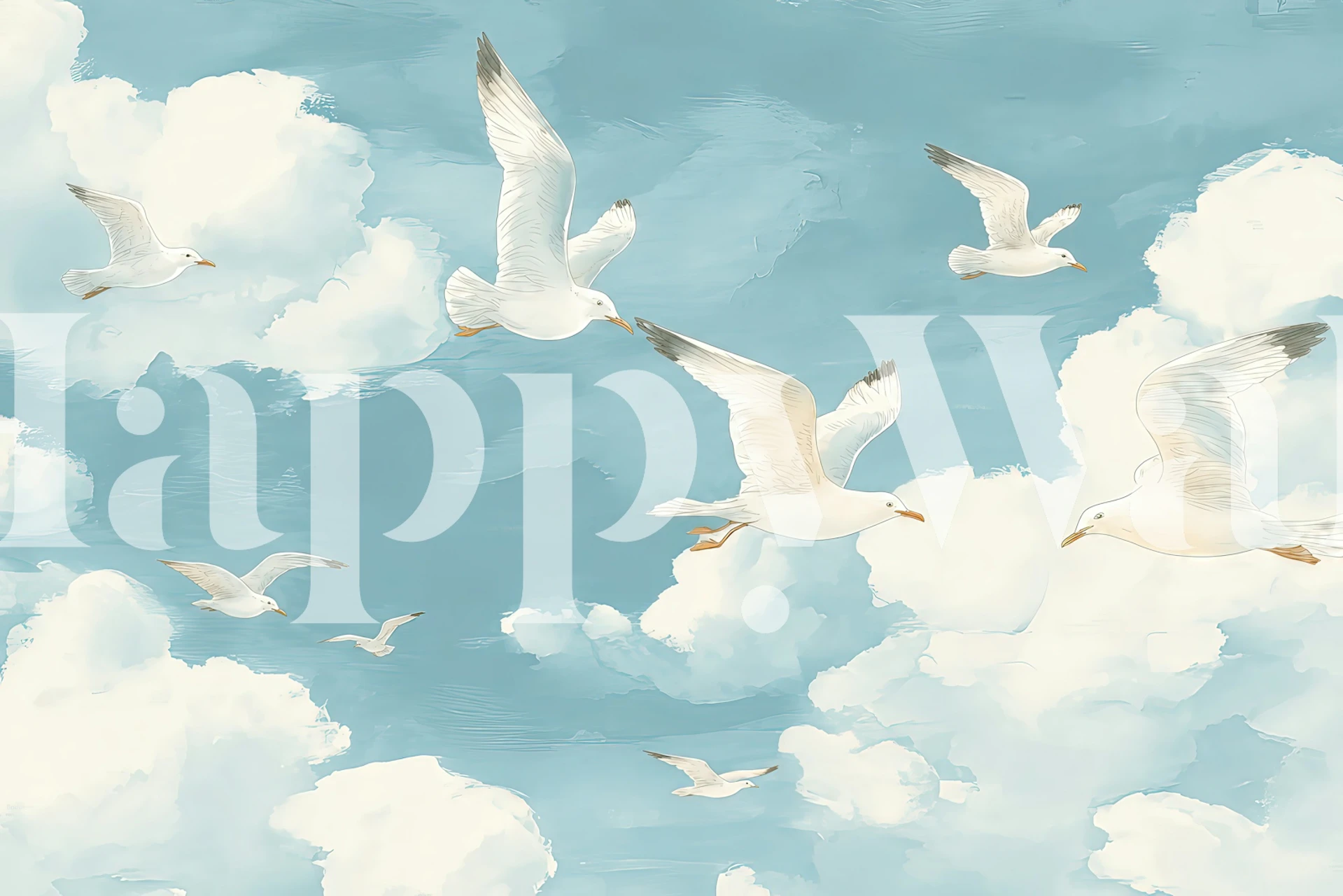 Seagulls flying above soft clouds wallpaper