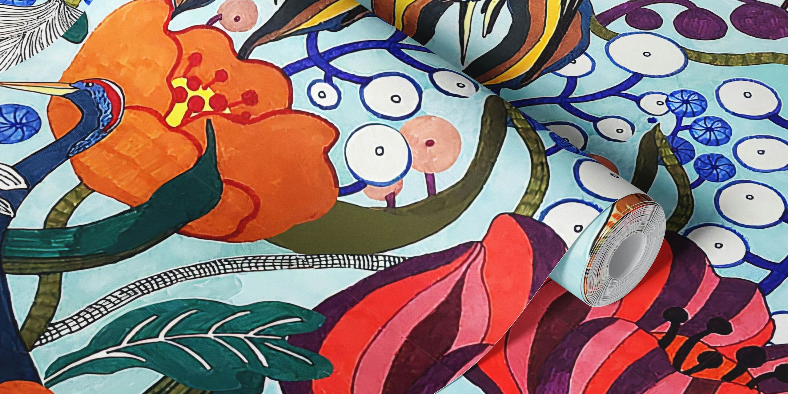 Carta da parati Birds of Paradise con fiori e uccelli colorati