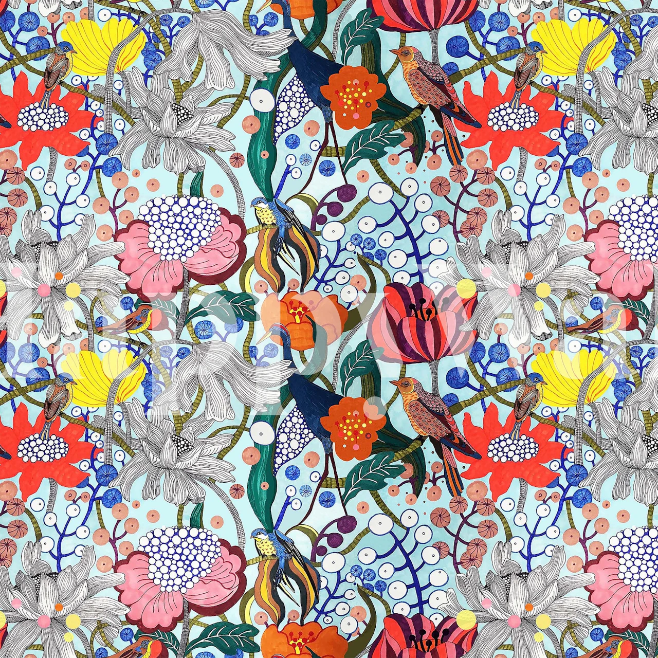 Birds of Paradise wall mural with colorful flowers and birds