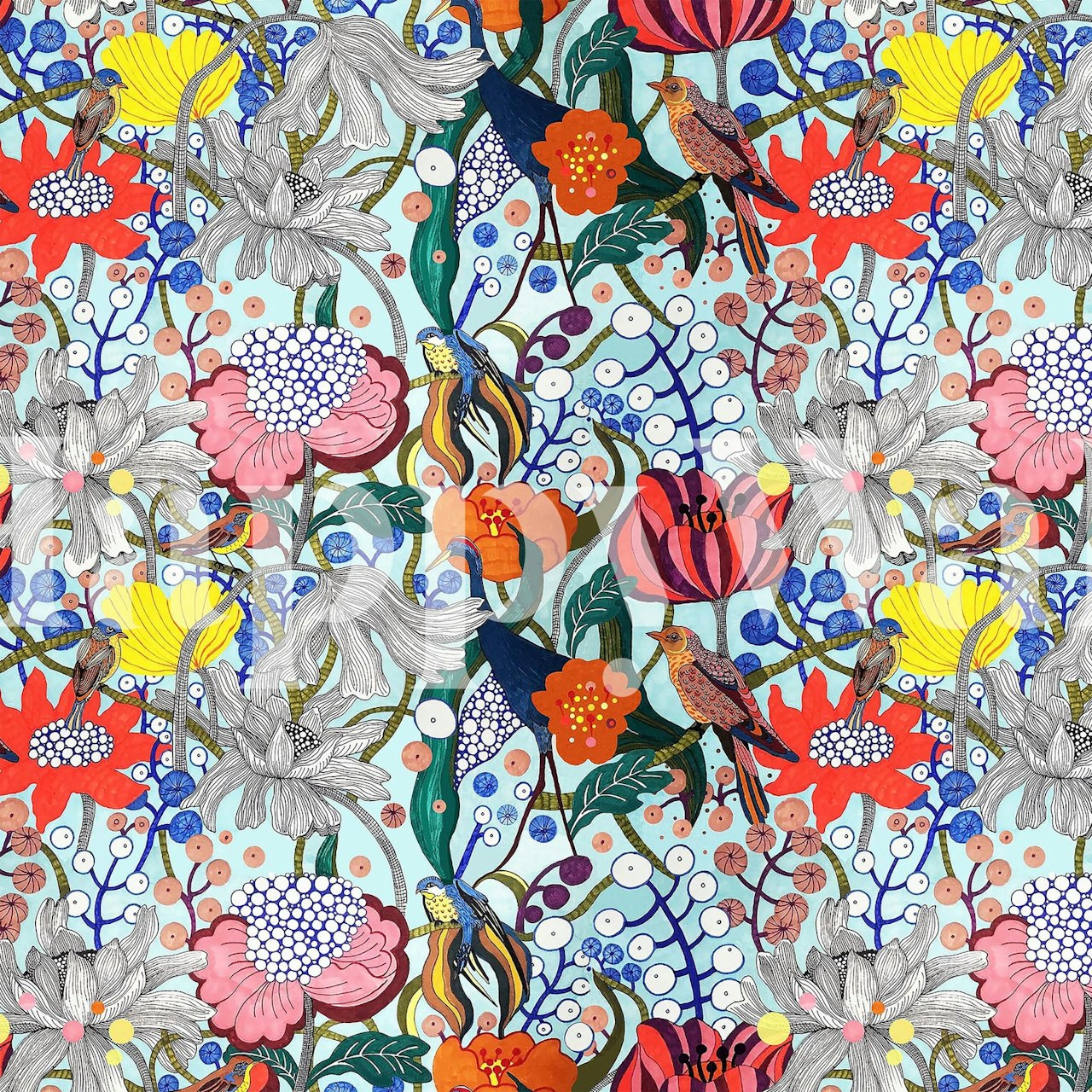 Carta da parati Birds of Paradise con fiori e uccelli colorati