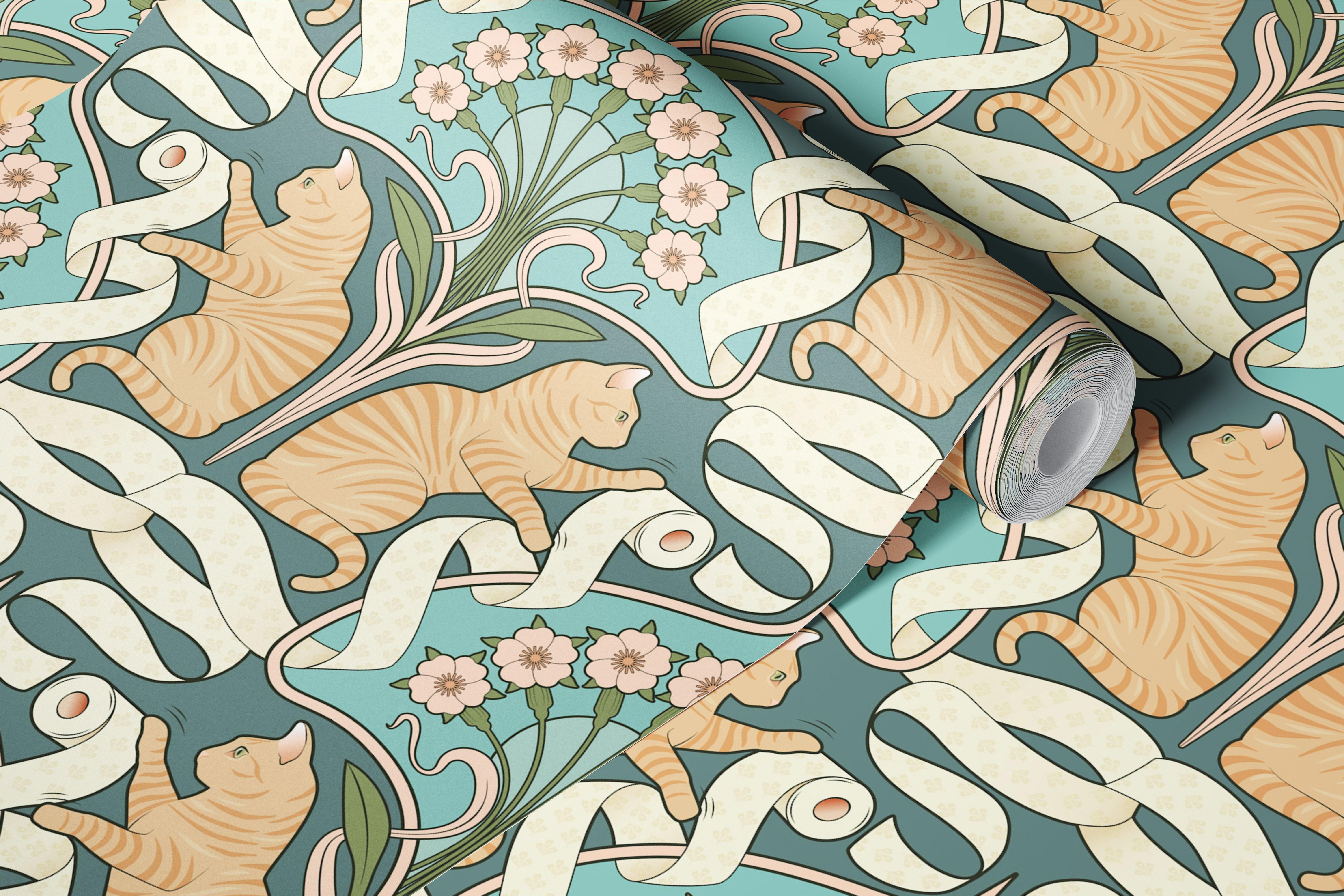 Tabby cat wallpaper in a teal room