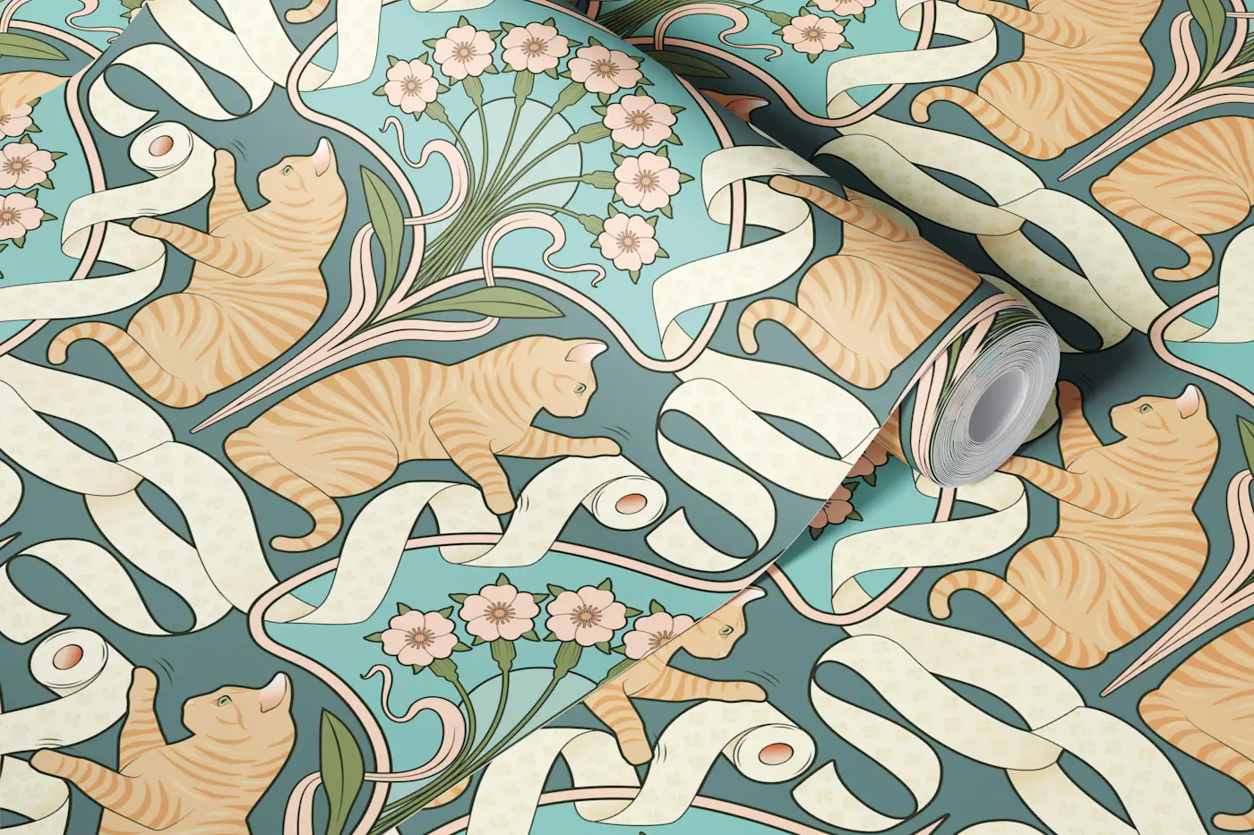 Tabby Cats Toilet Paper Art Nouveau Juniper wallpaper roll
