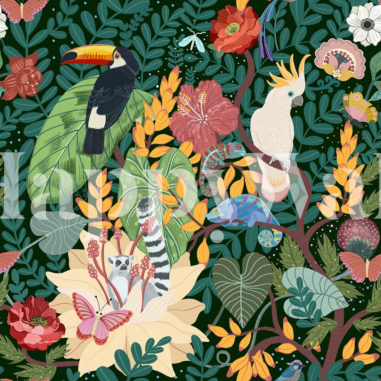 Tropische flora en fauna met toucan en papegaai, kleurrijke bloemen en bladeren, wallpaper
