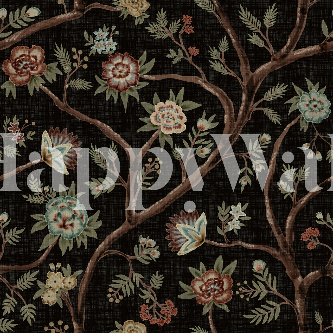 Dark floral mural with tree branches