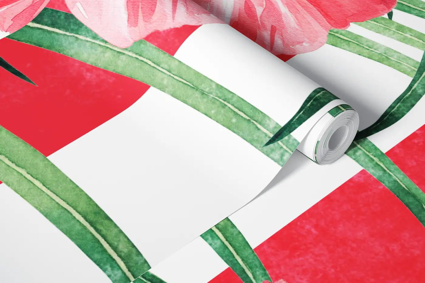 Tropical Hibiscus Red Stripes XL scale wallpaper roll