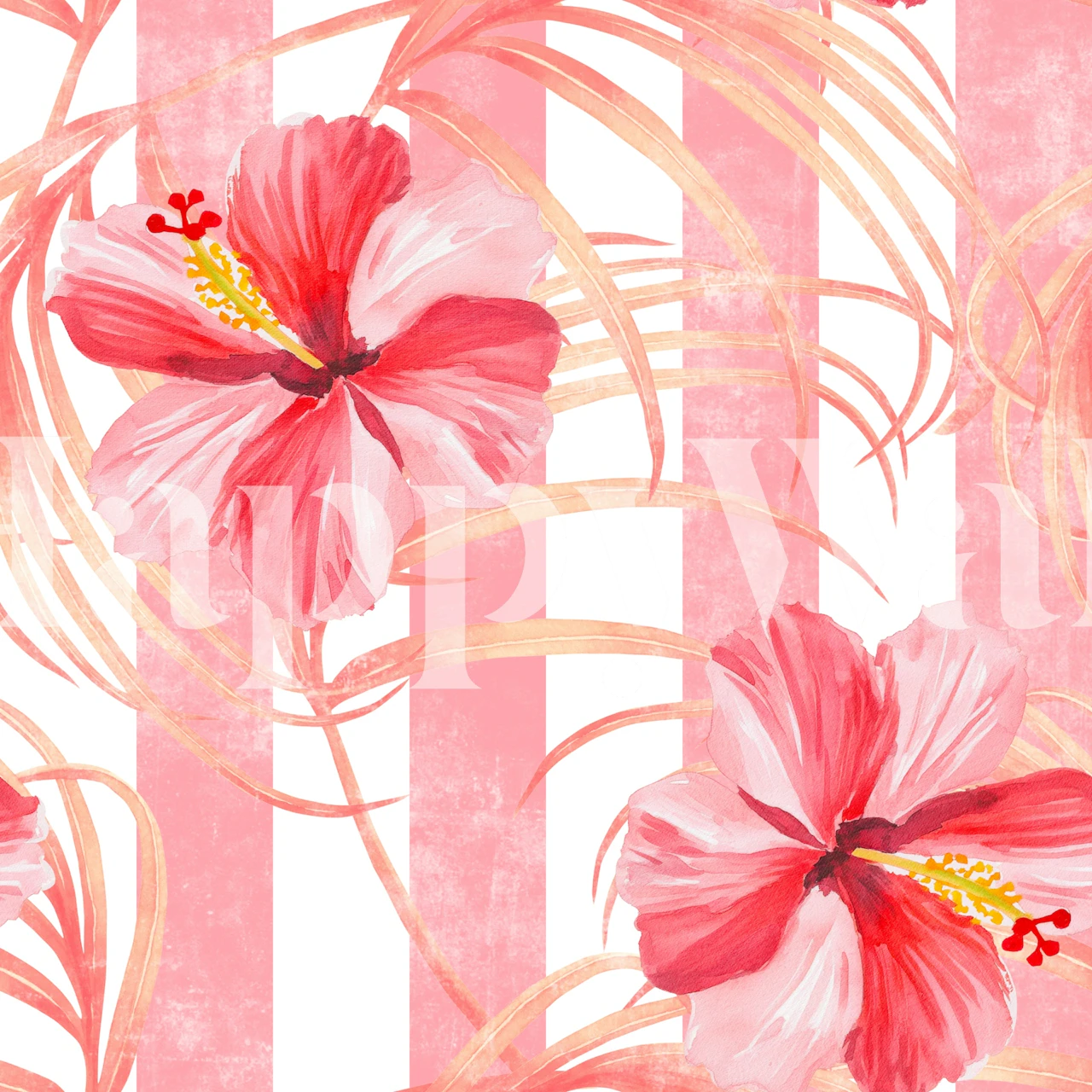Pink Hibiscus Stripes tapet i et rum