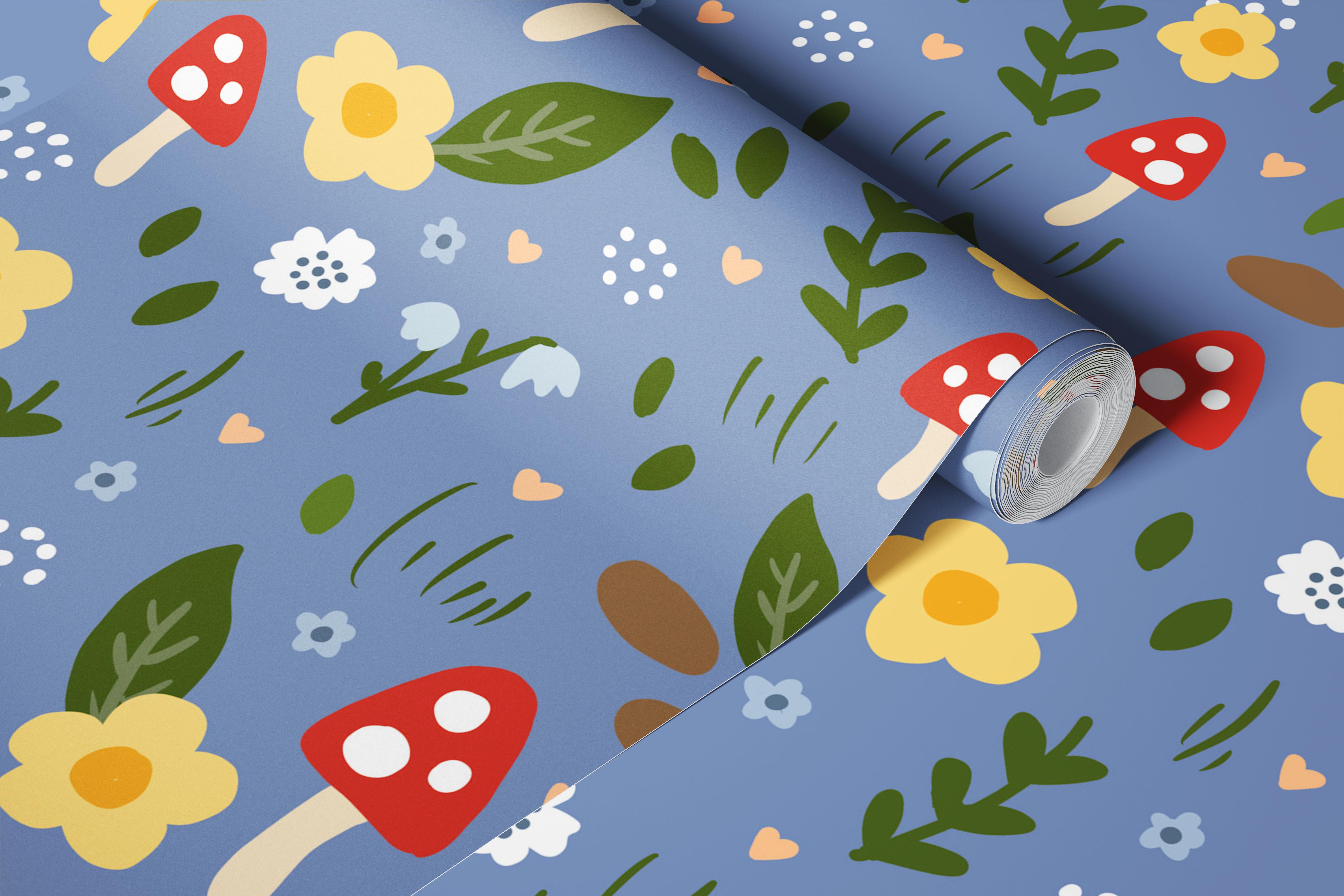 Blue mushroom floral wallpaper in a kids room