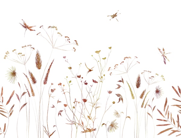 Wildflowers and Dragonflies in Rust Green