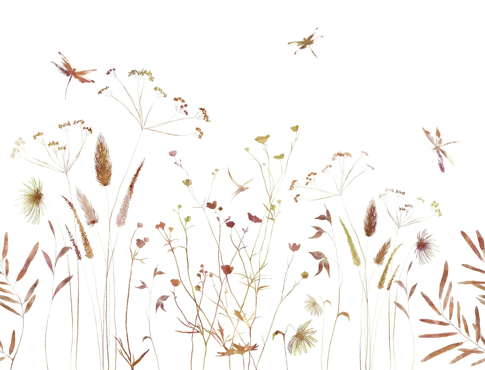 Wildflowers and Dragonflies in Rust Green tapet