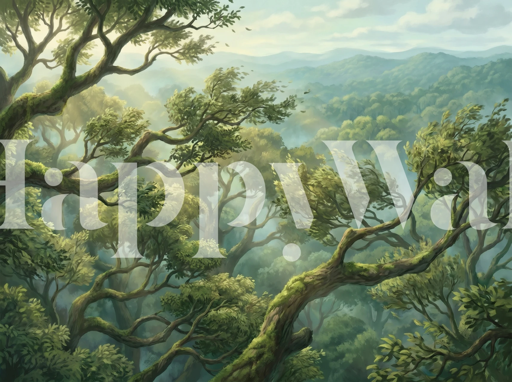 Misty forest canopy wallpaper in a room