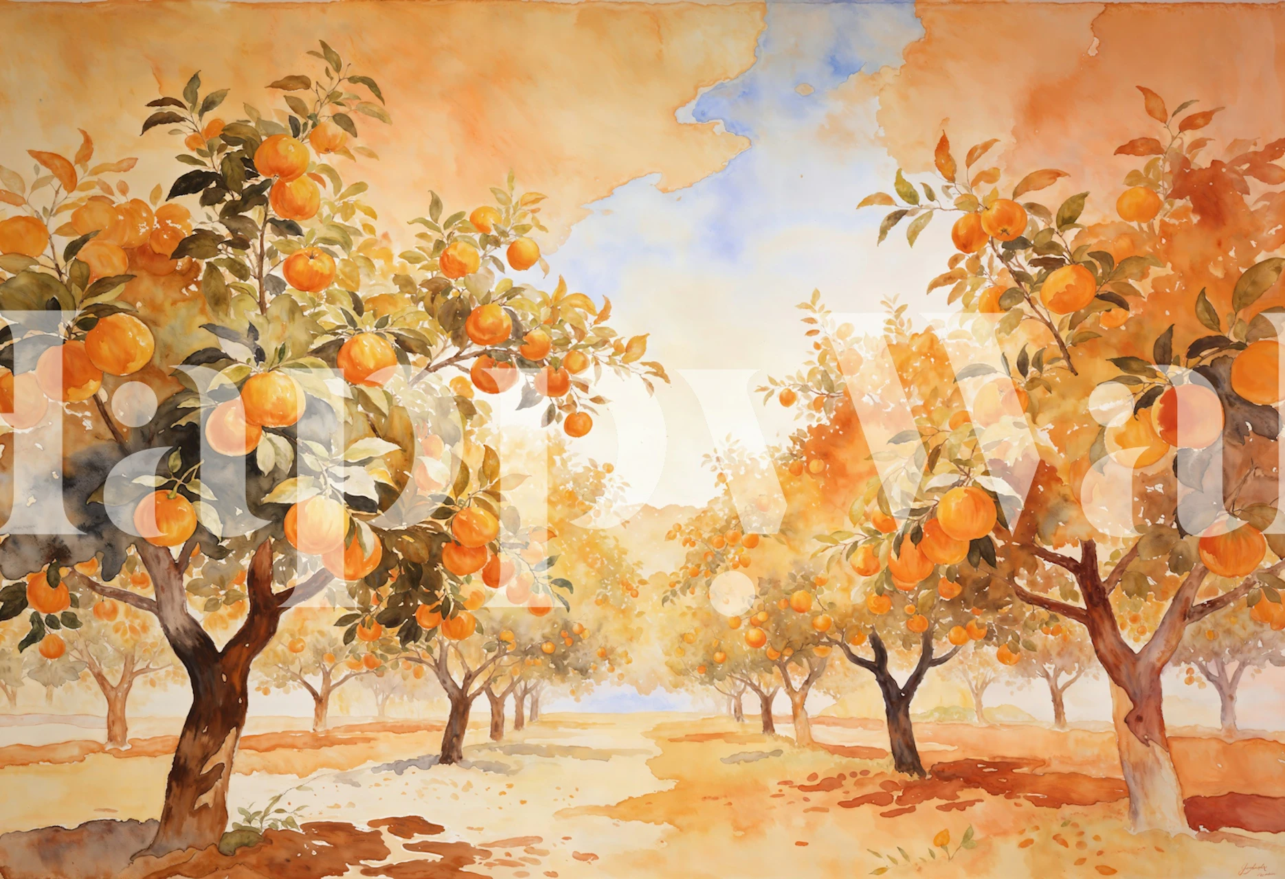 Golden Orange Tree Landscape wallpaper in a room