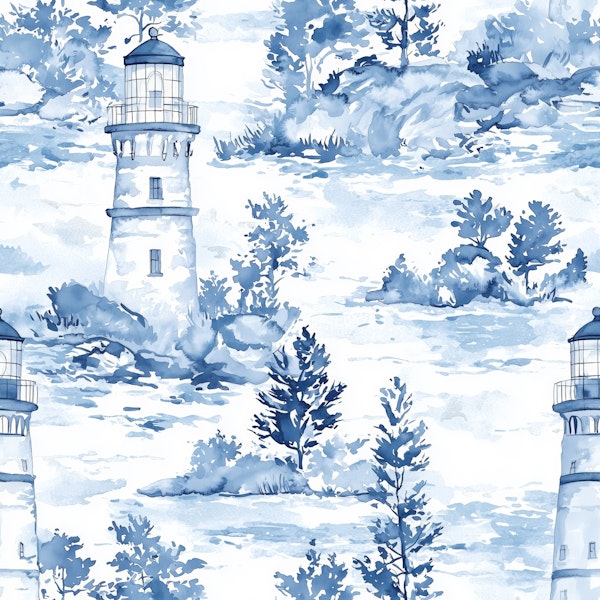 Coastal Lighthouse Toile Blue Pattern