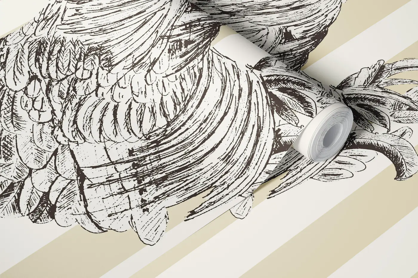 Chickens and rooster on stripes - beige wallpaper roll