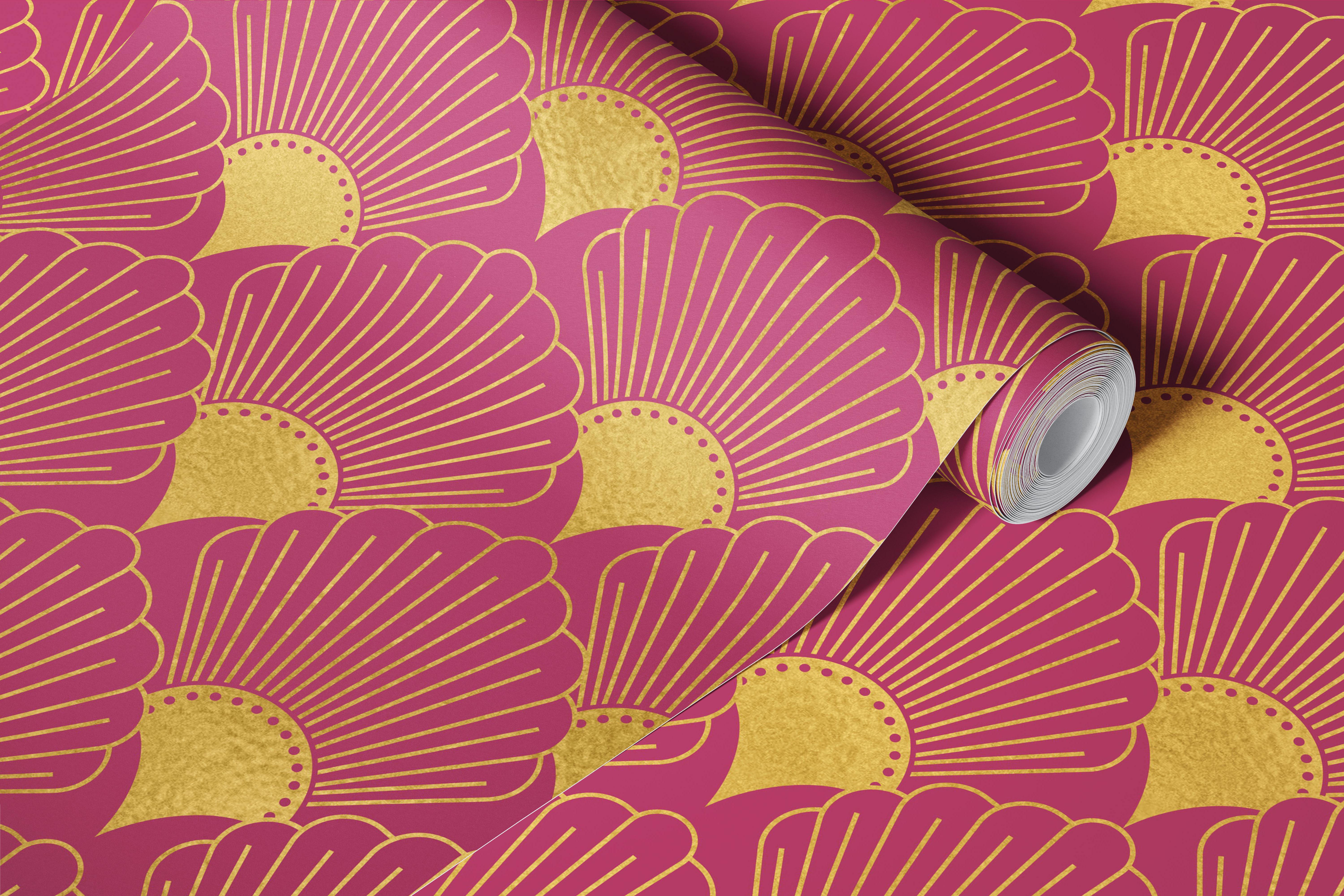 Hot pink and gold Art Deco fan wallpaper in room
