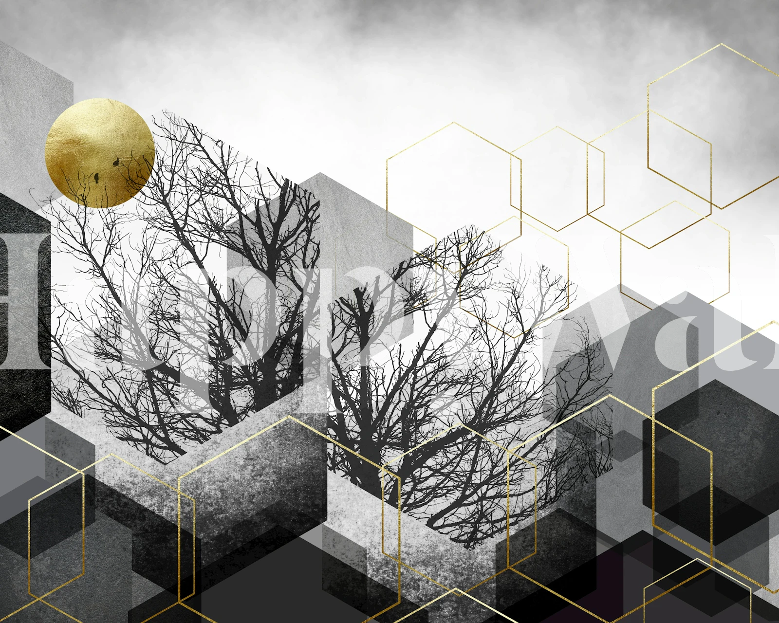 Papel de parede Gold Moon Geometric Forest em um quarto