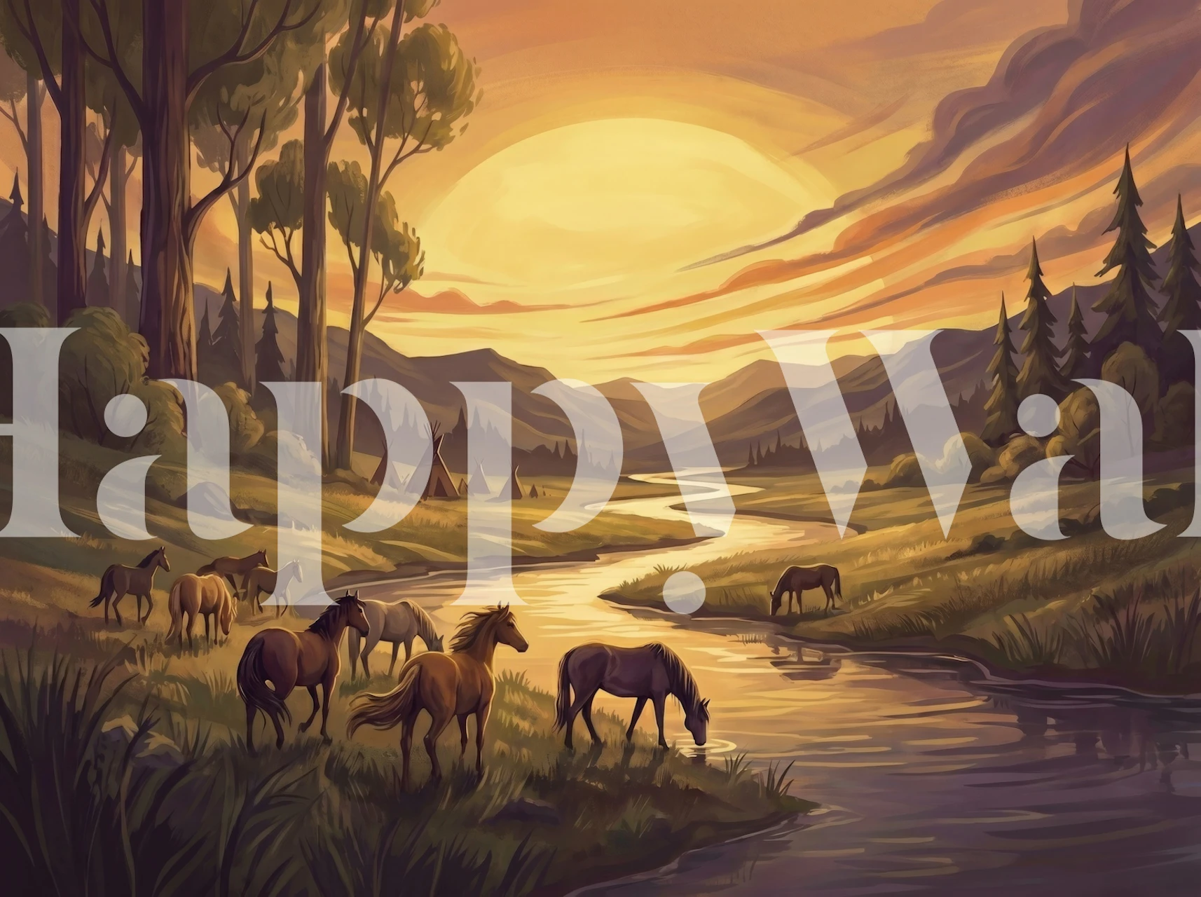 Golden Hour Meadow Horses wallpaper in a room