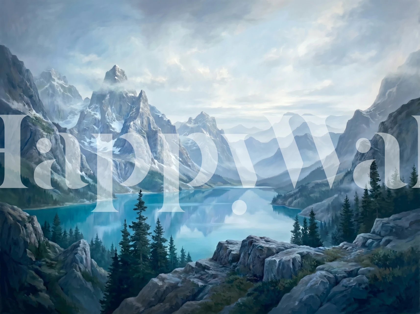 Misty alpine lake wallpaper in room setting