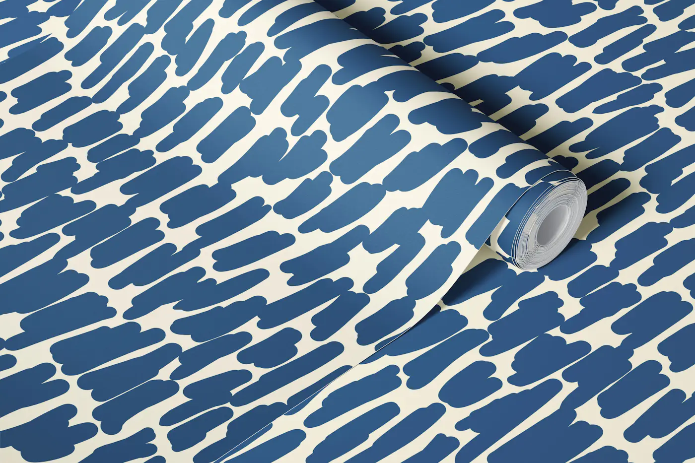 Minimal organic strokes blue on creme wallpaper roll