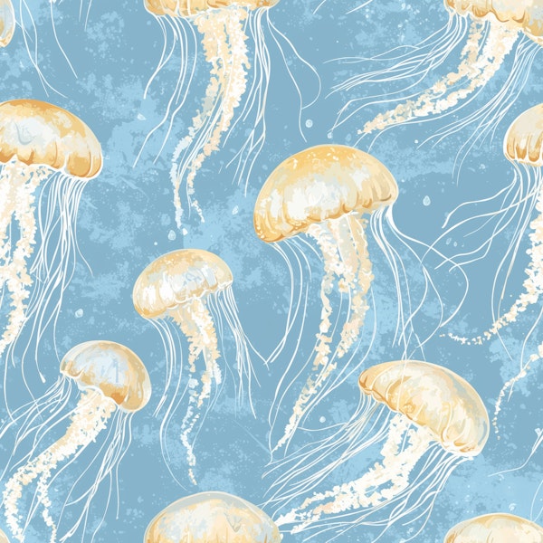 Golden Jellyfish on Ocean Blue Pattern