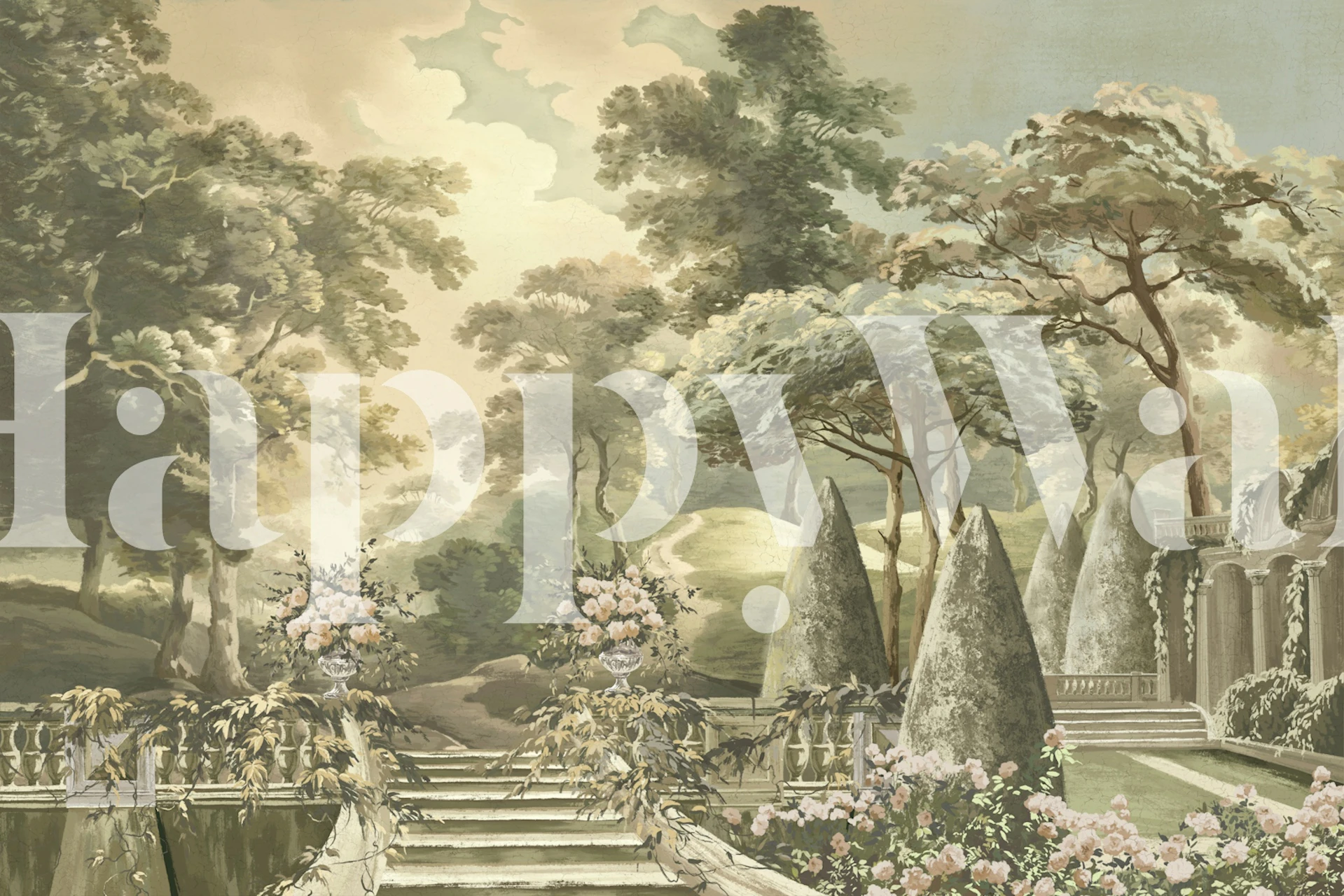 Ancient landscape wallpaper in a room setting