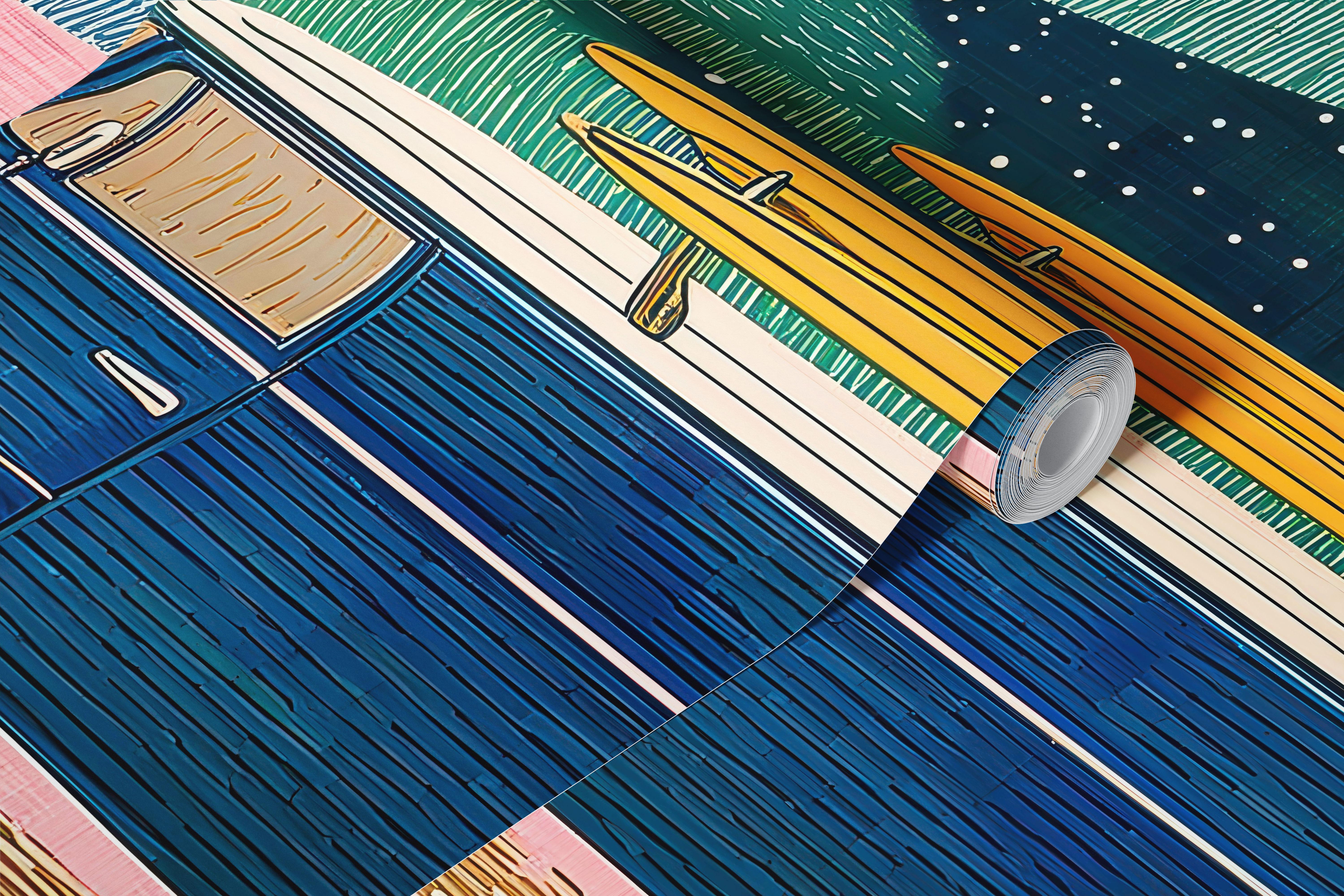 Blue surf van wallpaper in a styled room