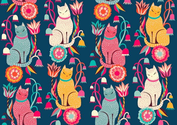 Floral cats on dark blue