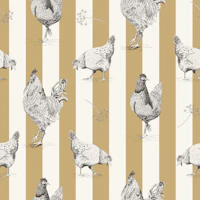 Chickens and vertical stripes - mustard tapet