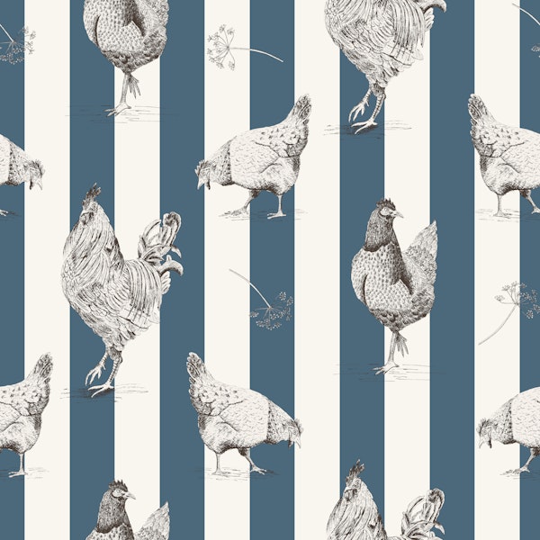 Chickens and vertical stripes - denim blue