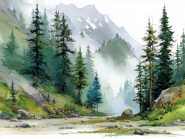 Misty Alpine Forest Watercolor