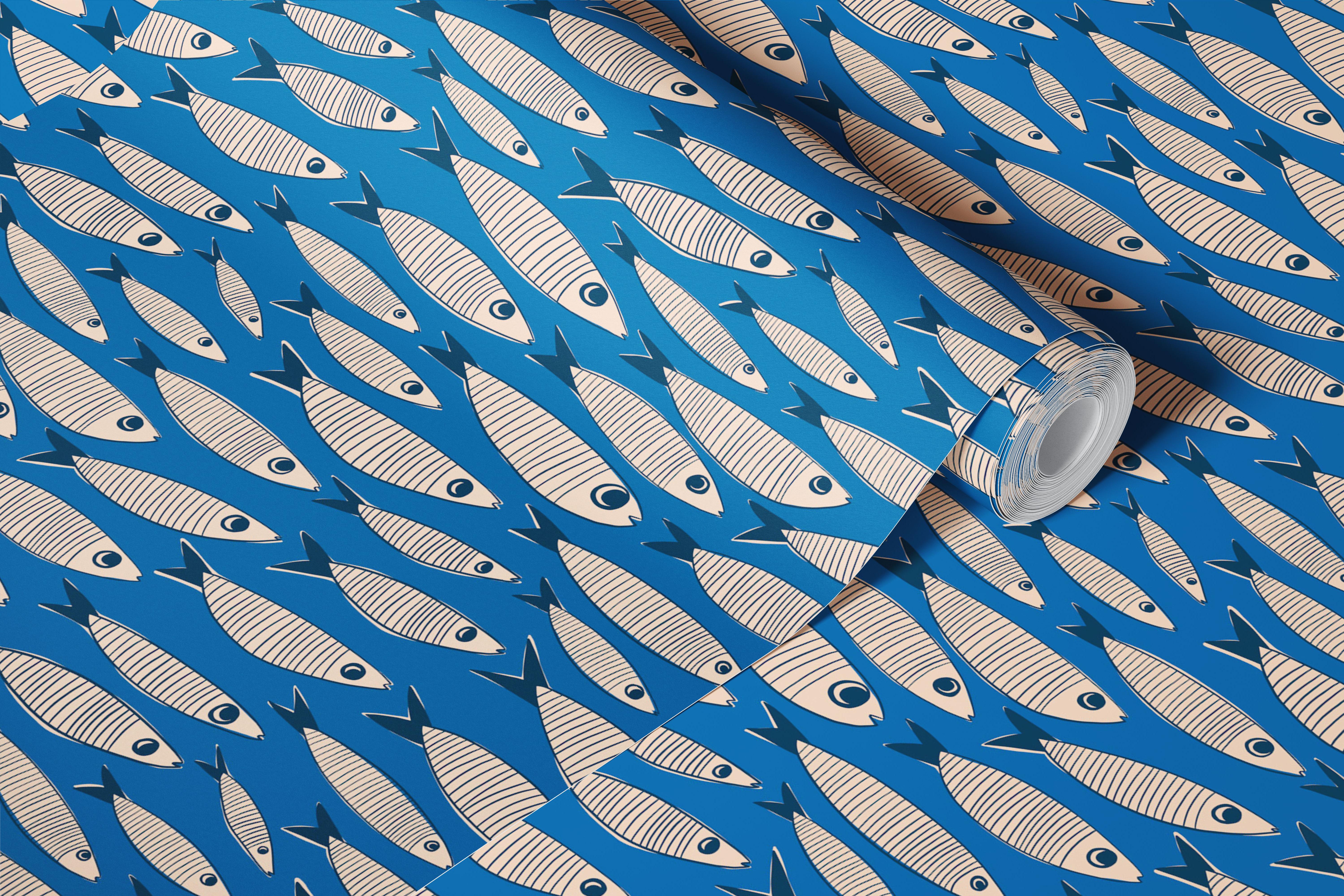 Blue room with small sardines fish wallpaper