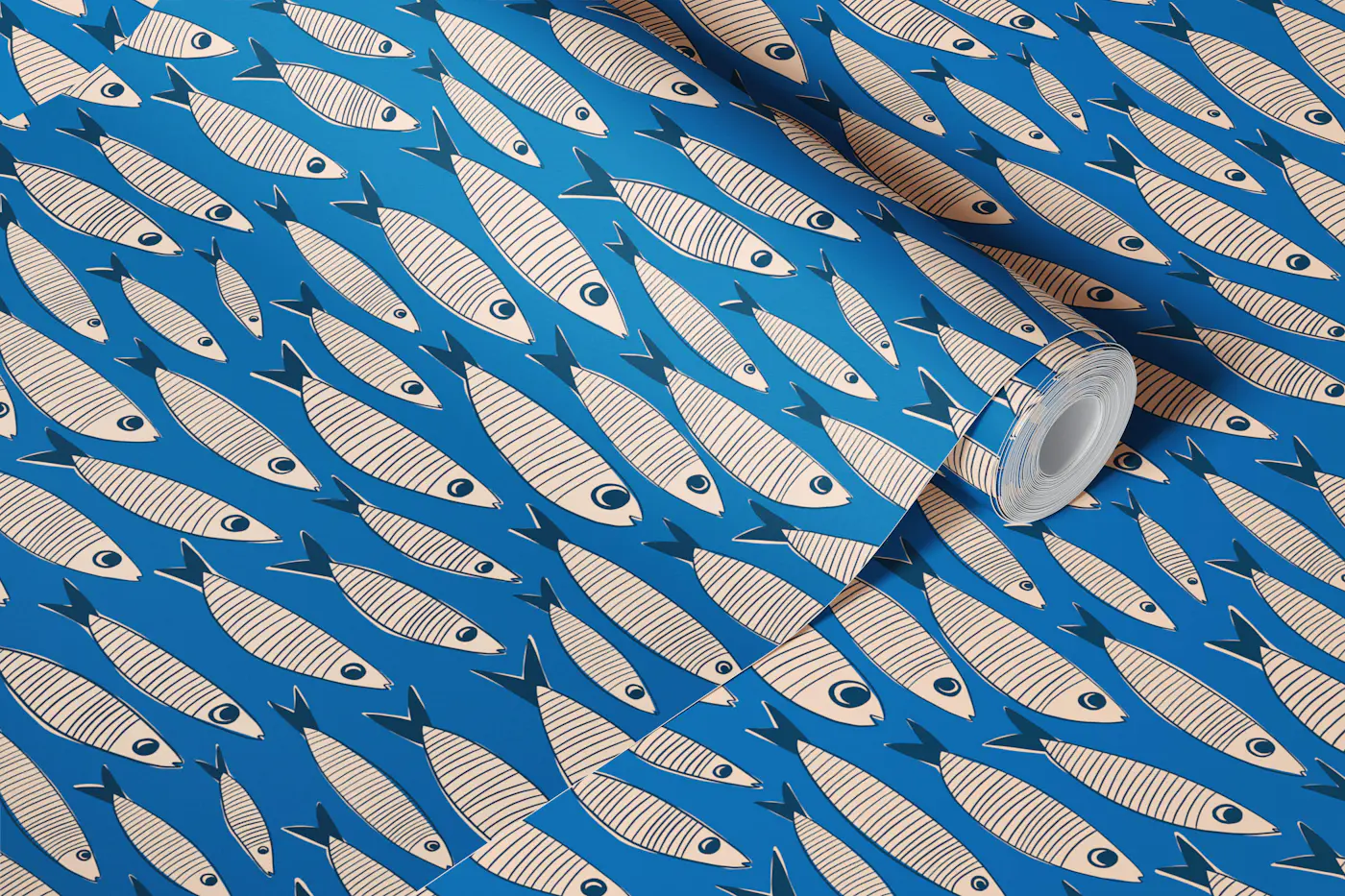 Small Sardines Swimming Fish - MidMod Blue wallpaper roll