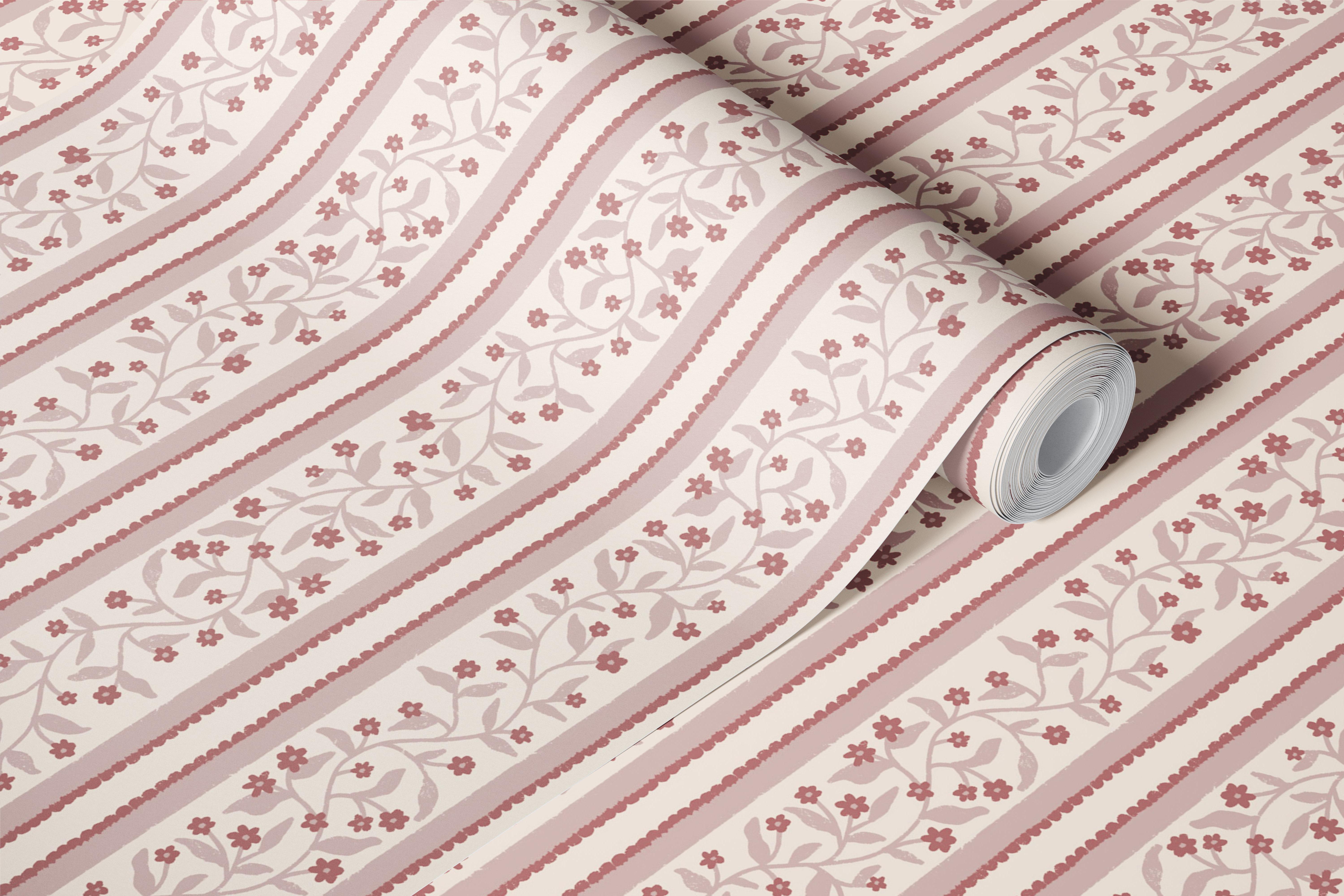 Dusty pink striped floral wallpaper in a room