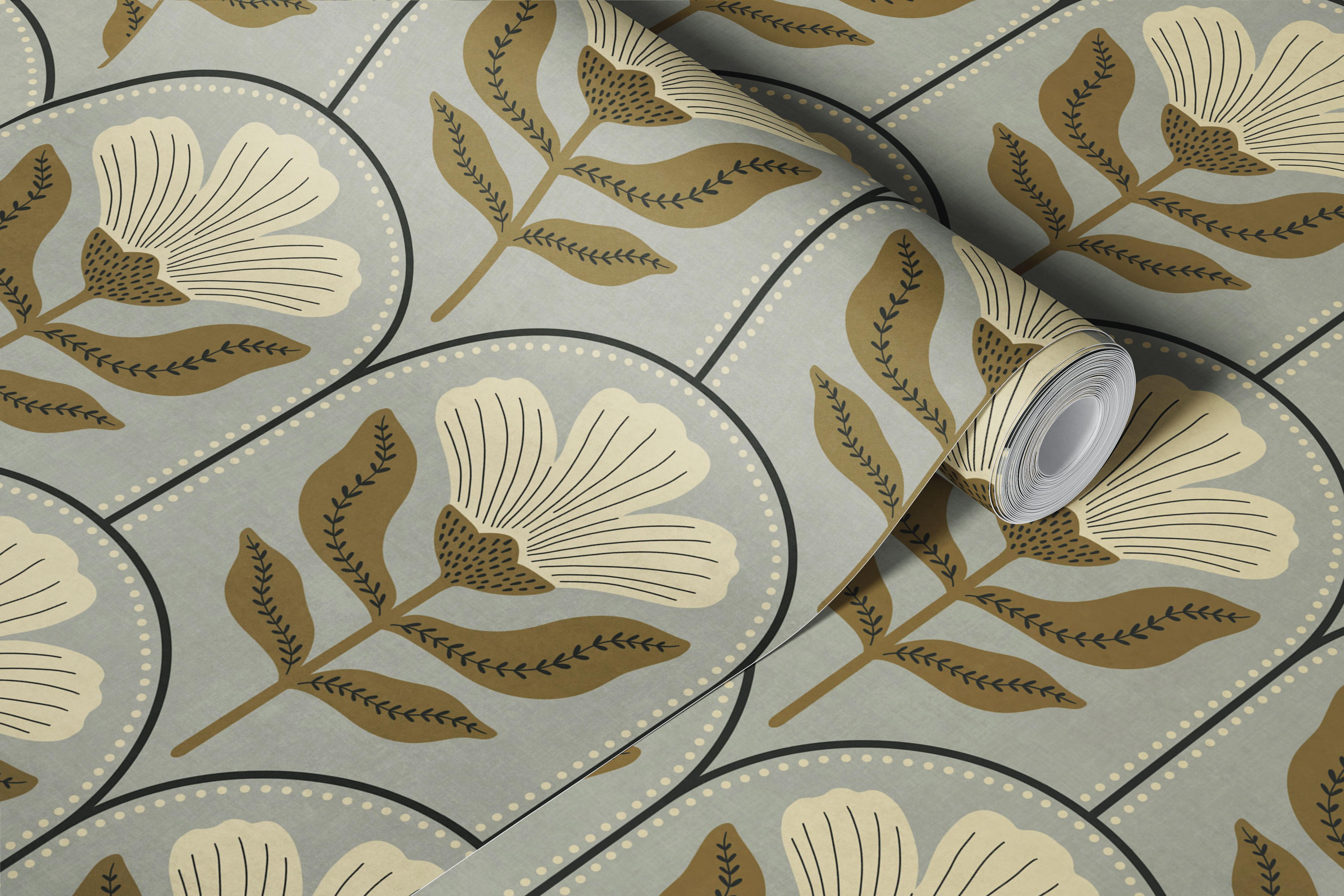 Gray folk floral wallpaper in a styled room