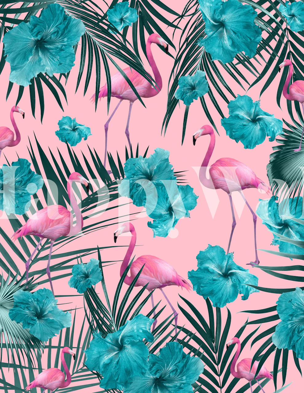 Tropical flamingos and hibiscus flowers on pink background wallpaper