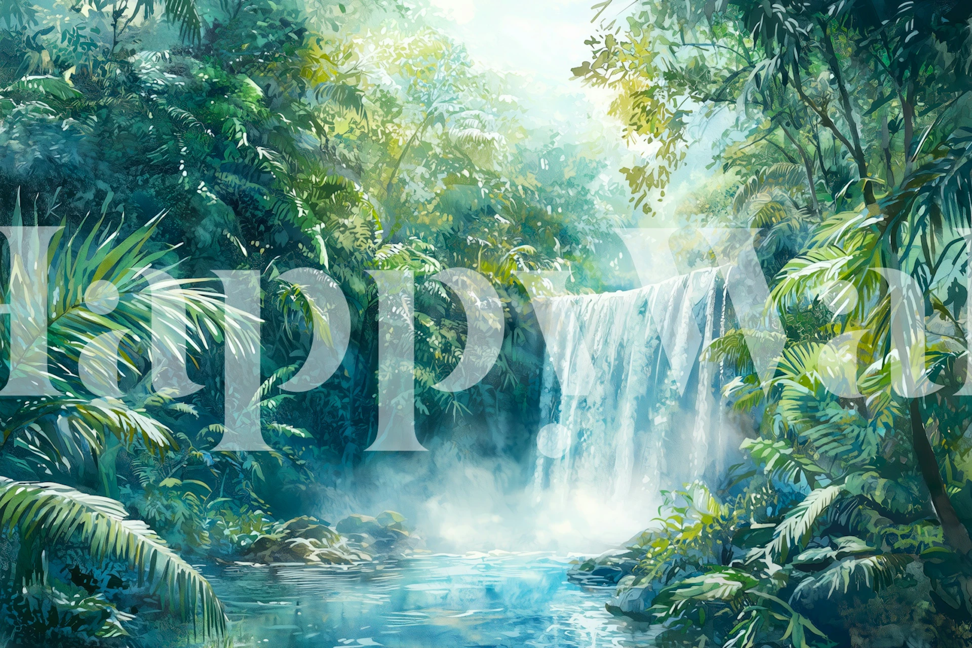 Serene waterfall wallpaper in a room