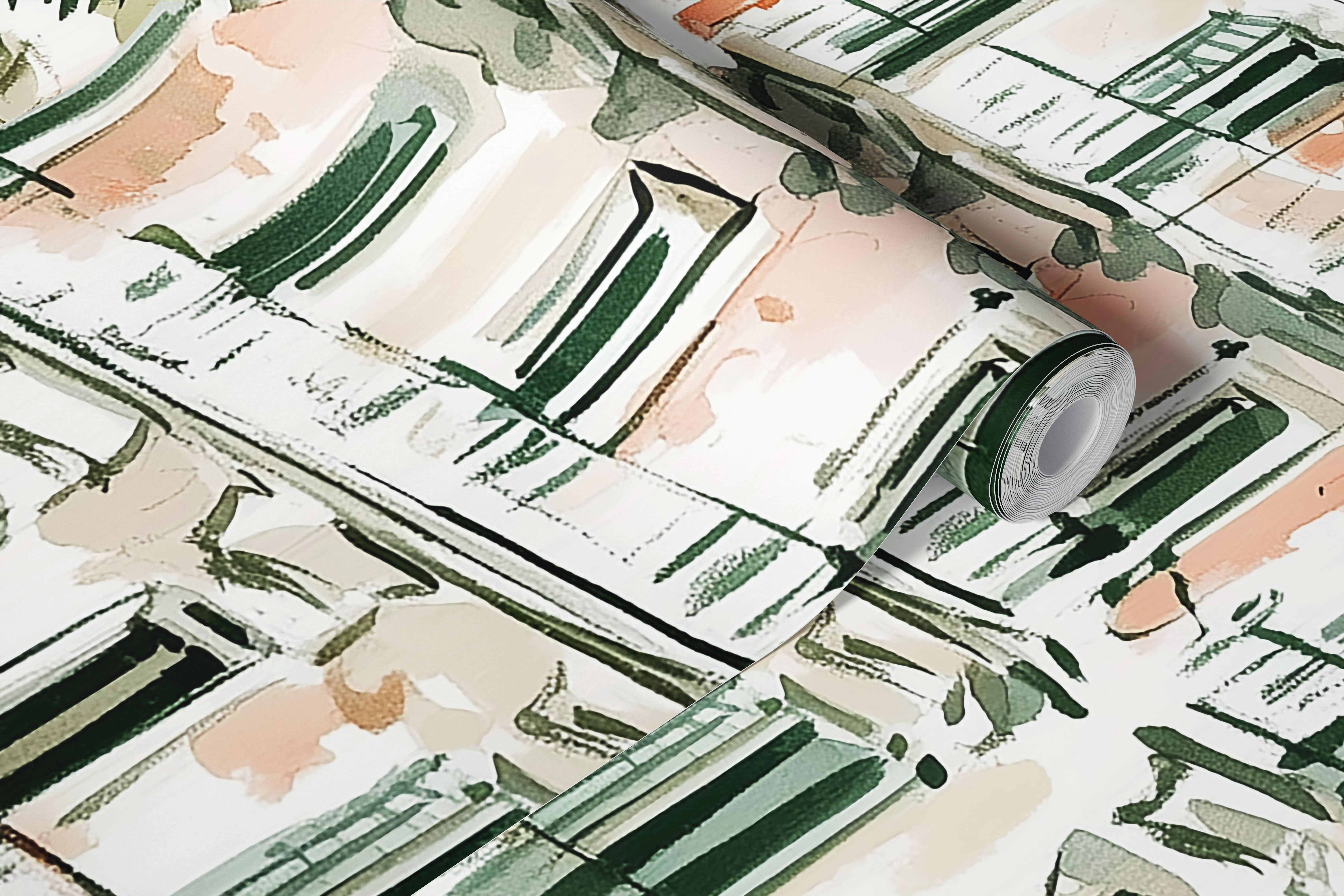 Watercolor balcony facade wallpaper in a room