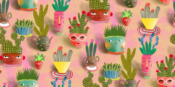 Potted cacti characters on pink