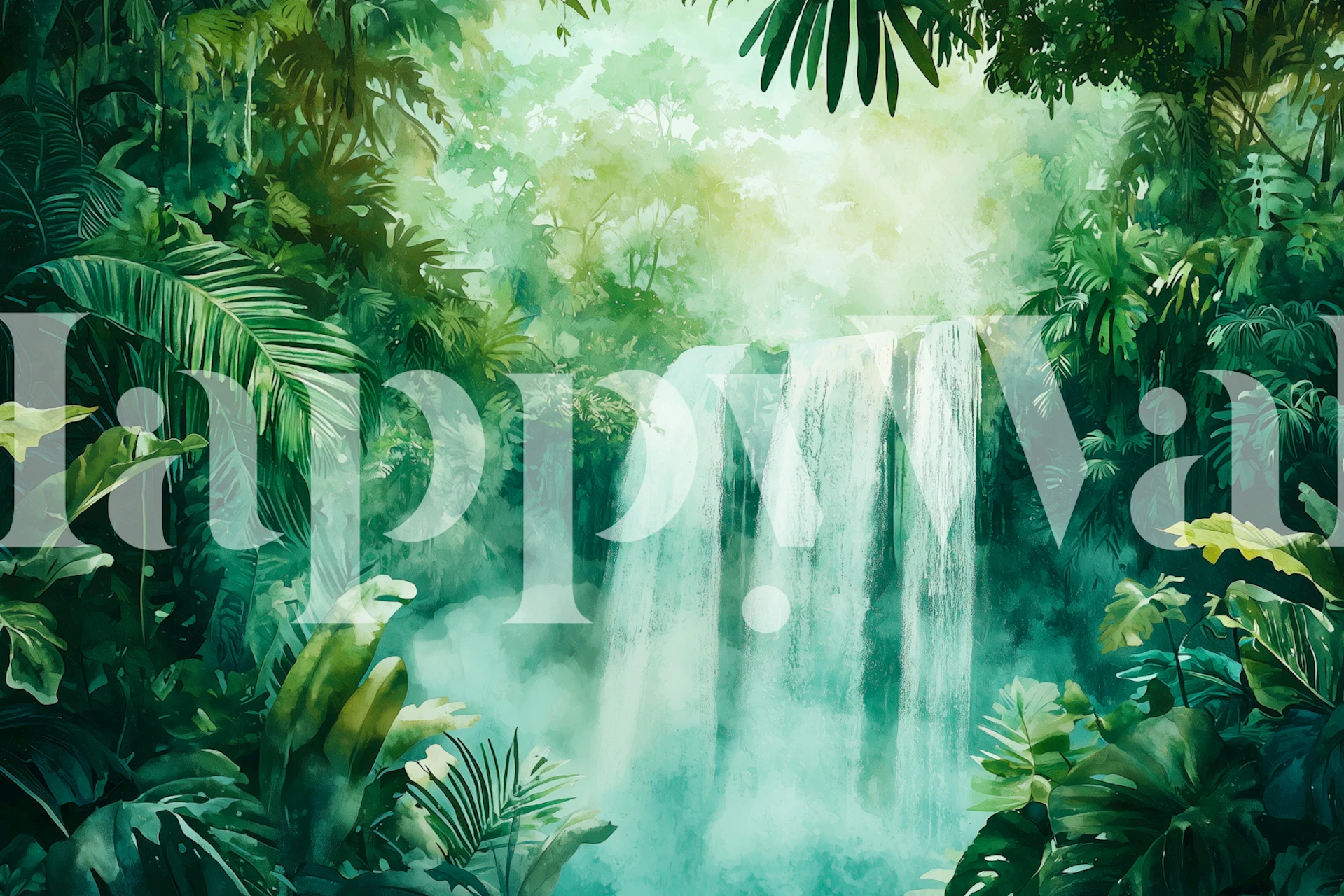 Lush green waterfall wallpaper in a room