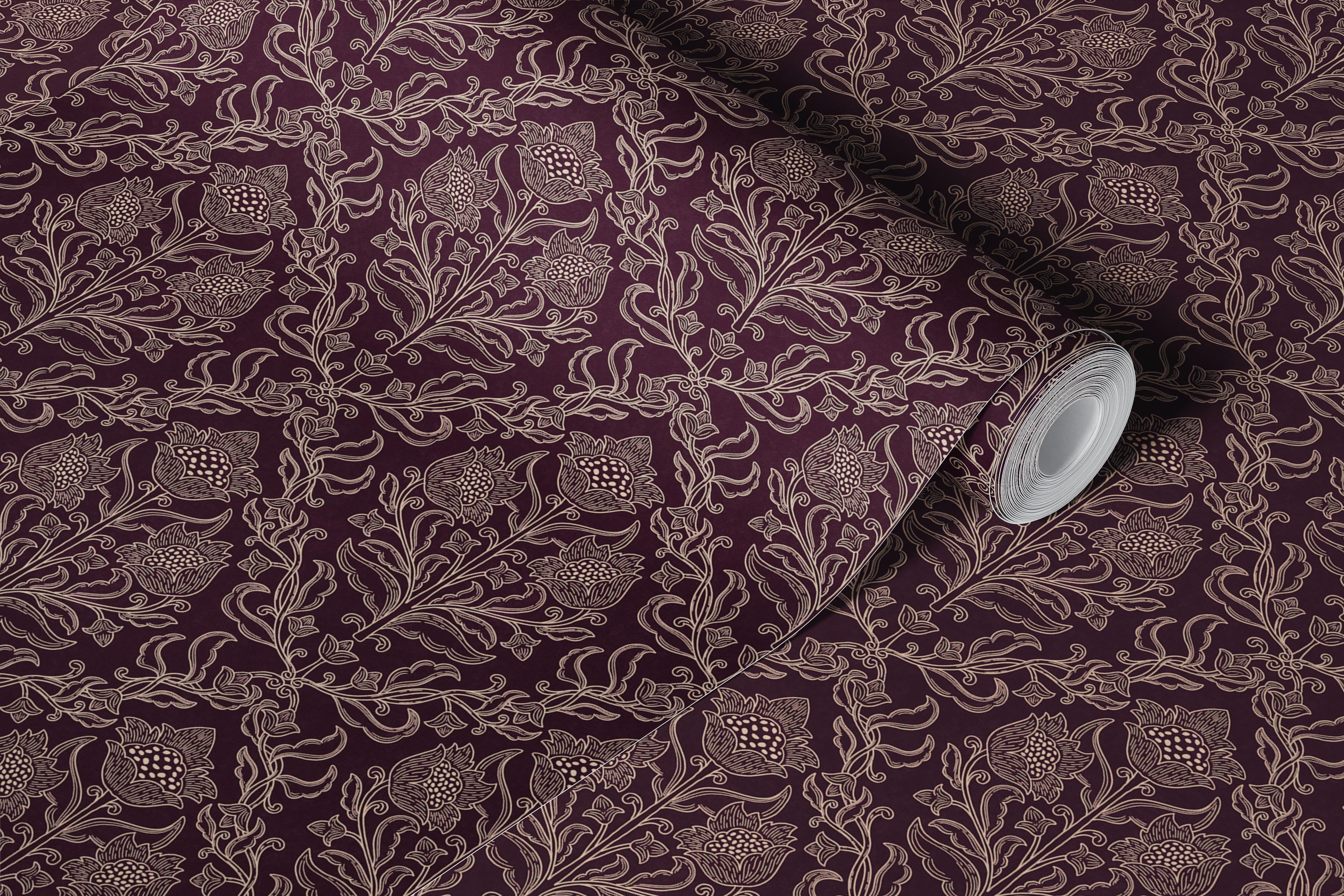 Plum and gold botanical damask wallpaper in room