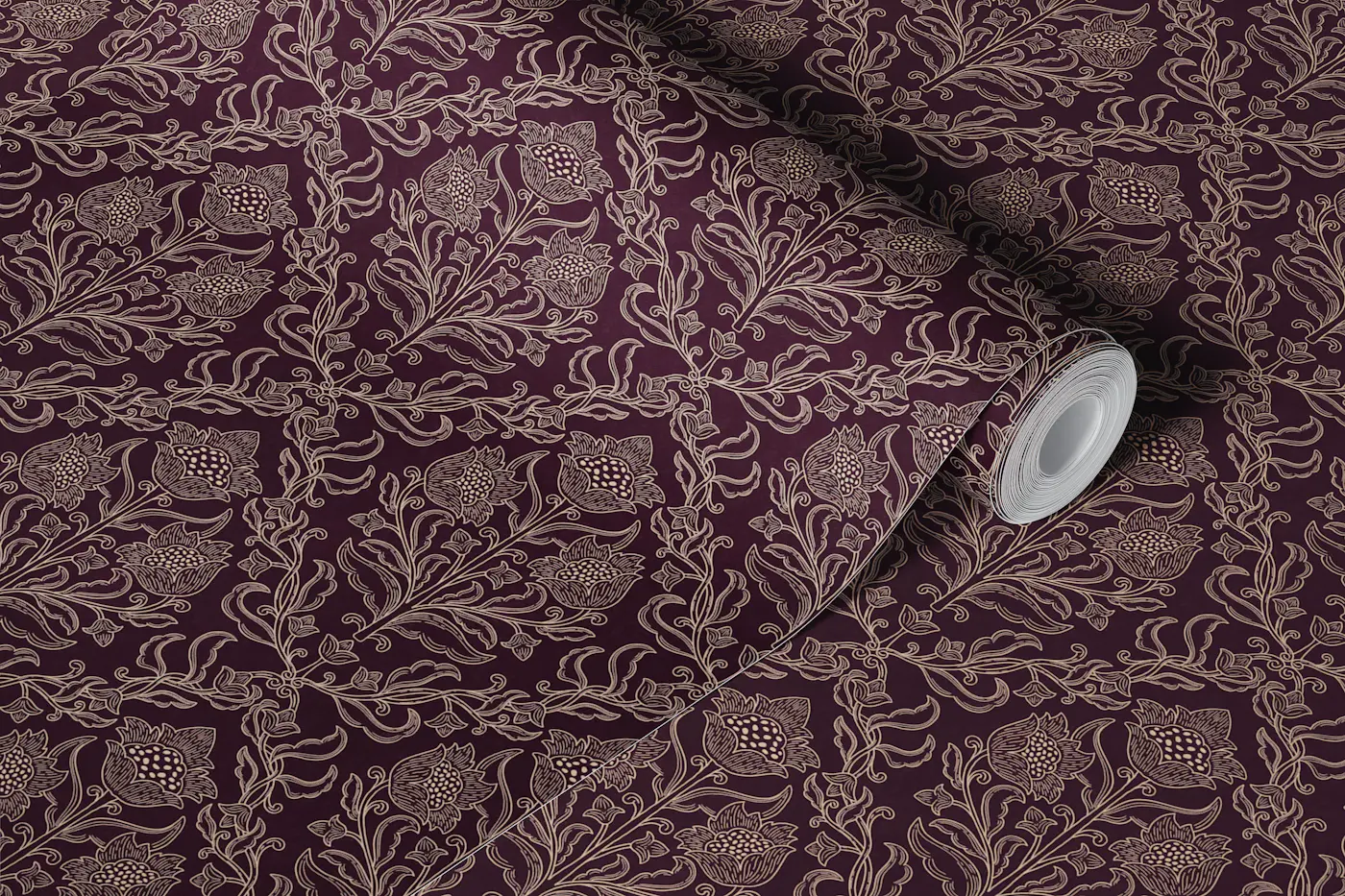 Plum and Gold Botanical Damask wallpaper roll