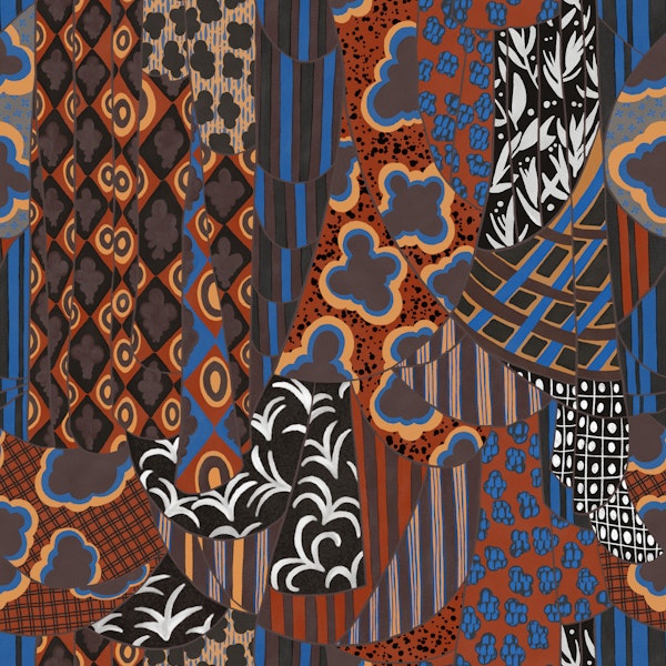 Mixed Motif Drapery Rust Brown Cobalt
