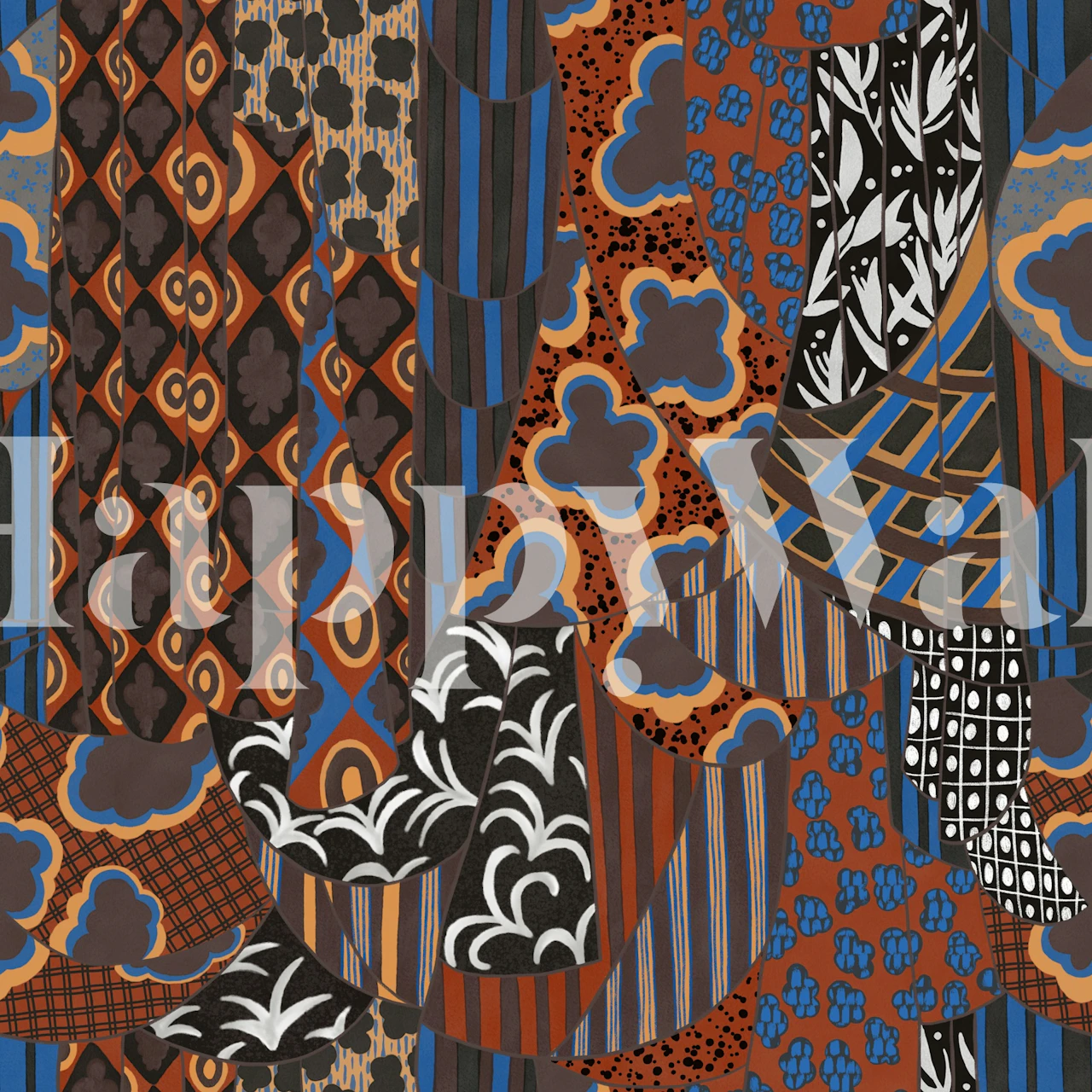 Mixed Motif Drapery Rust Brown Cobalt Wallpaper