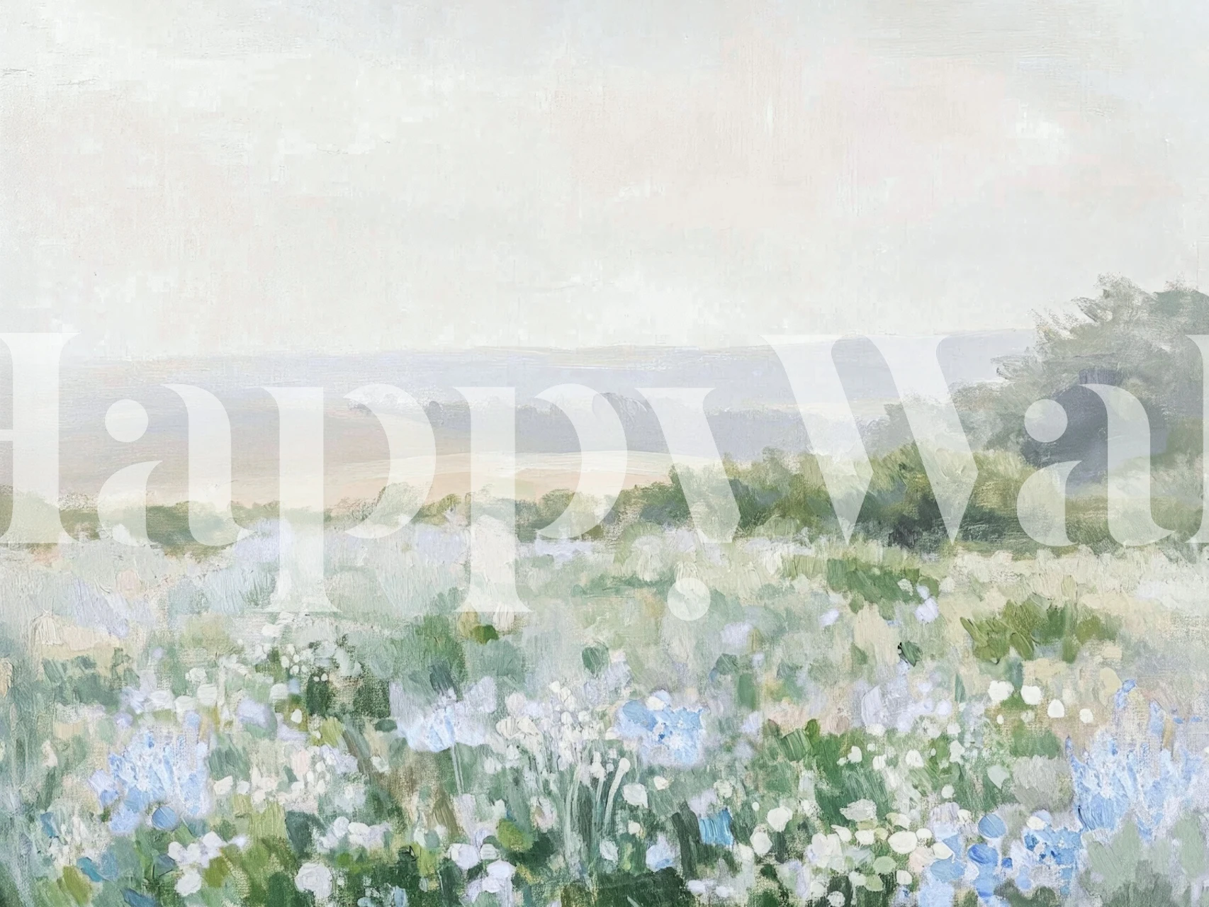 Misty wildflower meadow wallpaper in a room