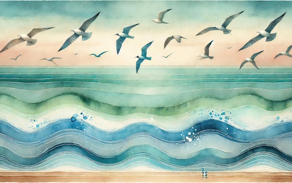 Seagulls Soar Above Waves in Art Deco