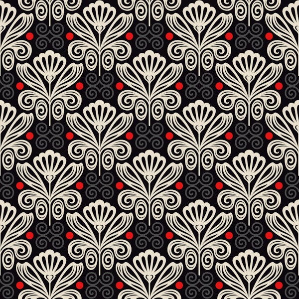 Elegant Retro Damask Blossom Scrolls Black