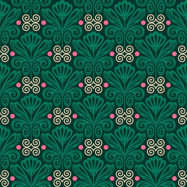 Elegant Retro Damask Blossom Scrolls Green