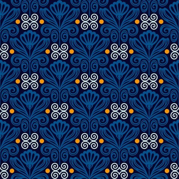 Elegant Retro Damask Blossom Scrolls Blue