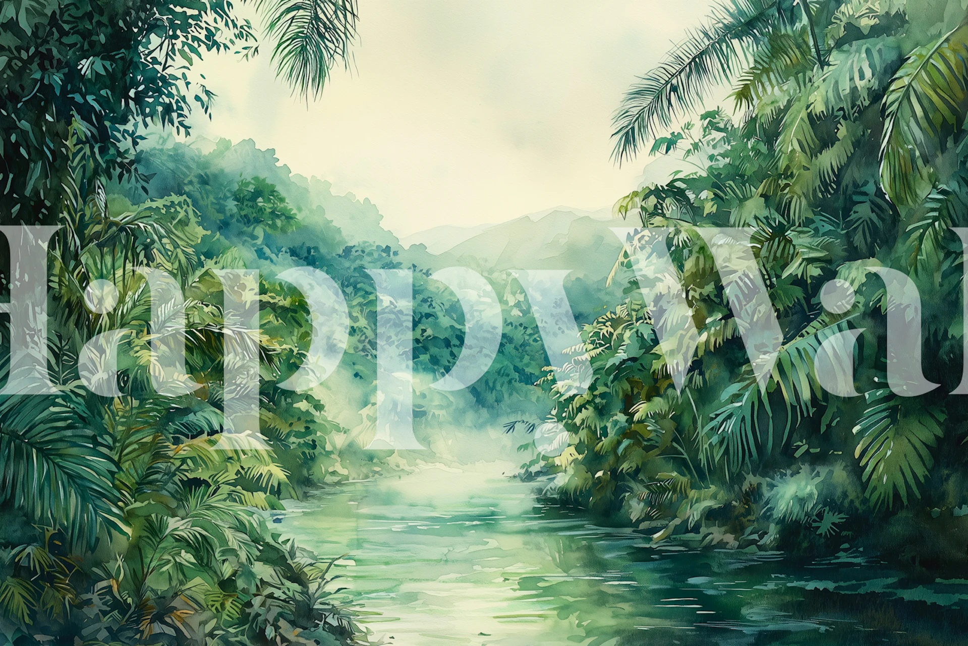 Misty tropical river wallpaper in a room
