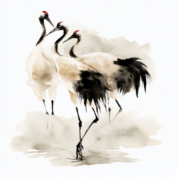 Watercolor Red Crowned Cranes